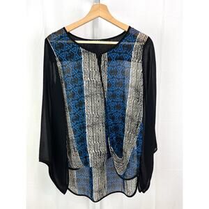 POEME CITRON Est M Printed Drape Wrap Blouse Long Sleeve Top Sheer Blue Black